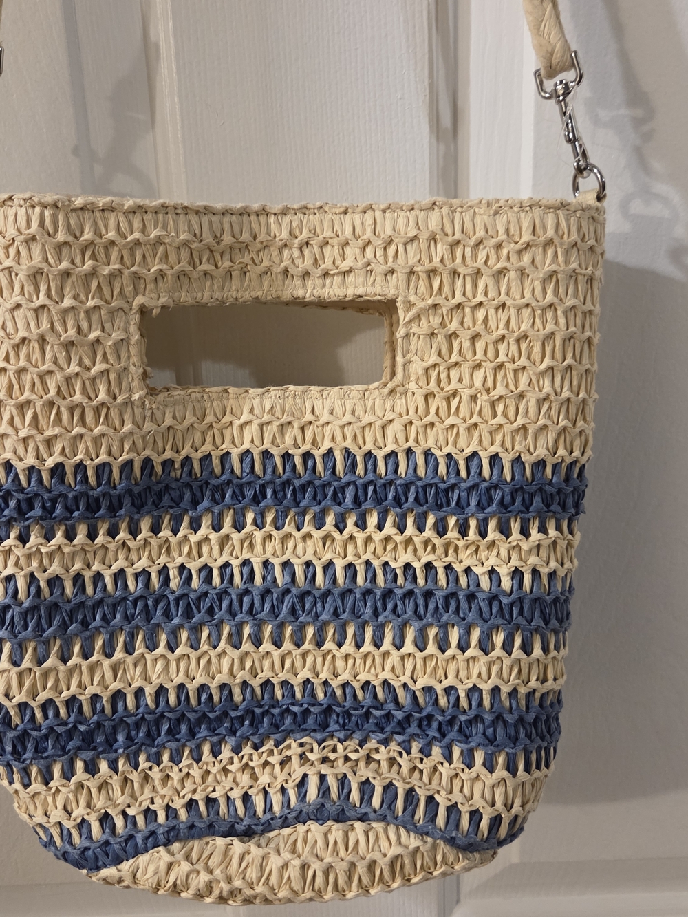 Woven Straw Crossbody Bag with Blue Stripe